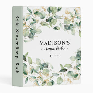 Eucalyptus Gold Watercolor Bridal Shower Recipe Mini Binder