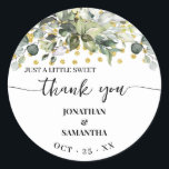 Eucalyptus Gold Wedding A Sweet Thank You Classic Round Sticker<br><div class="desc">Eucalyptus Gold Glitter A Sweet Thank You Party Favor Wedding Label. Change text to the design. For additional changes (font color,  font style),  click on personalize,  scroll down and click on the link "Edit using Design Tool". ** Check collection for all matching designs!</div>