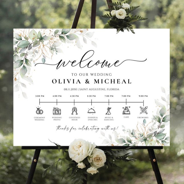 Eucalyptus Gold Wedding Ceremony Timeline Foam Board (Creator Uploaded)