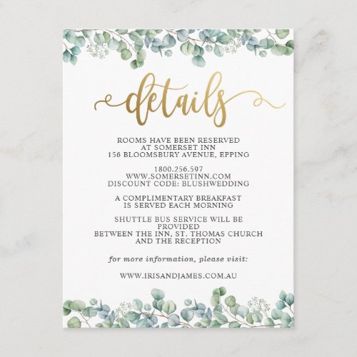 Eucalyptus Gold Wedding Guest Details Information Enclosure Card