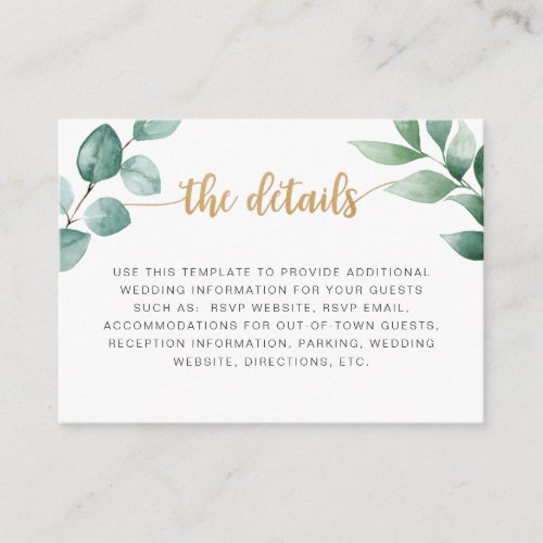 Eucalyptus gold wedding information details card