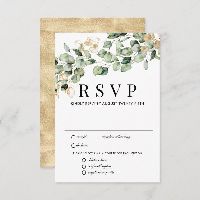 Eucalyptus Gold Wedding RSVP Card, Meal Options (Front/Back)