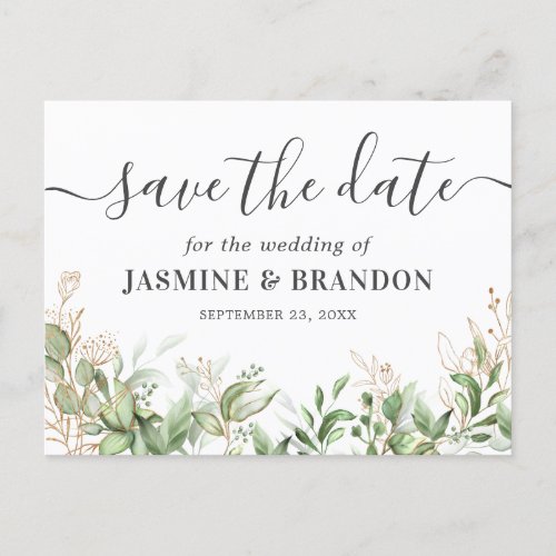 Eucalyptus Gold Wedding Save the Date Announcement Postcard - Botanical wedding save the date postcard featuring a stylish white background, watercolor green eucalyptus foliage, gold glitter accents, and a save our date text template that is easy to personalize.
