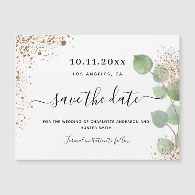 Eucalyptus gold wedding save the date magnet (Front)