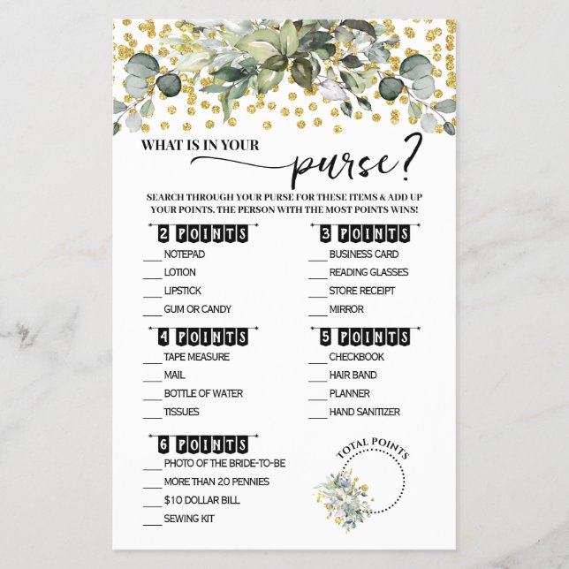 Eucalyptus Gold What is in Purse Shower Game Card Flyer (Front)