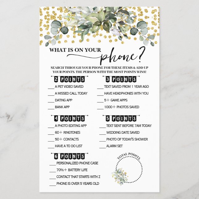 Eucalyptus Gold What is on Phone Shower Game Card Flyer (Front)