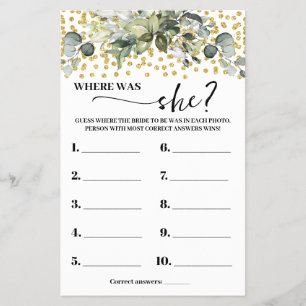 Eucalyptus Gold Where was Bride Shower Game card Flyer