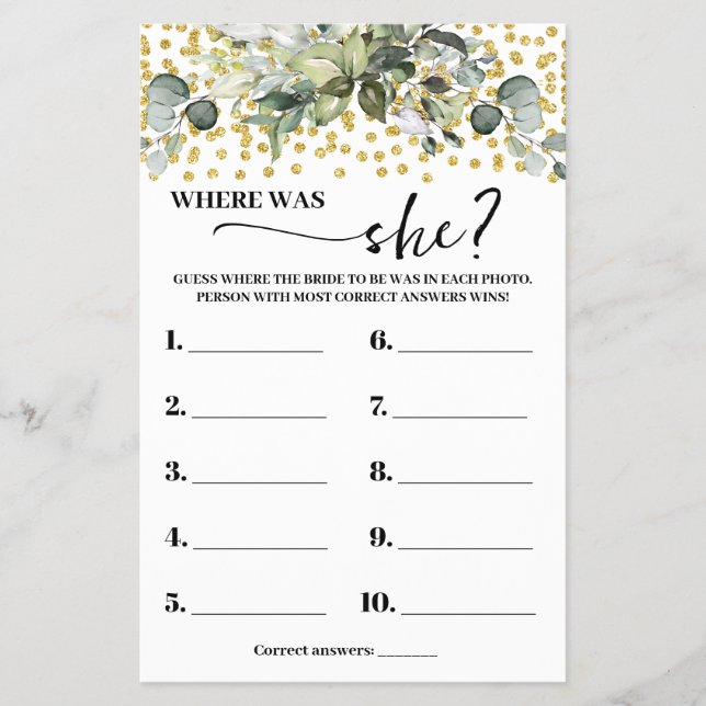 Eucalyptus Gold Where was Bride Shower Game card Flyer (Front)