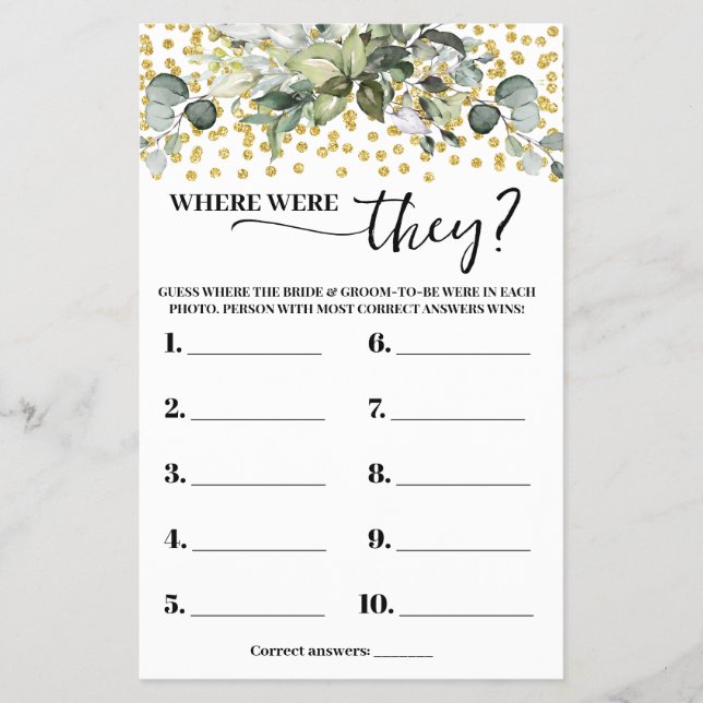 Eucalyptus Gold Where were They Shower Game Card Flyer (Front)