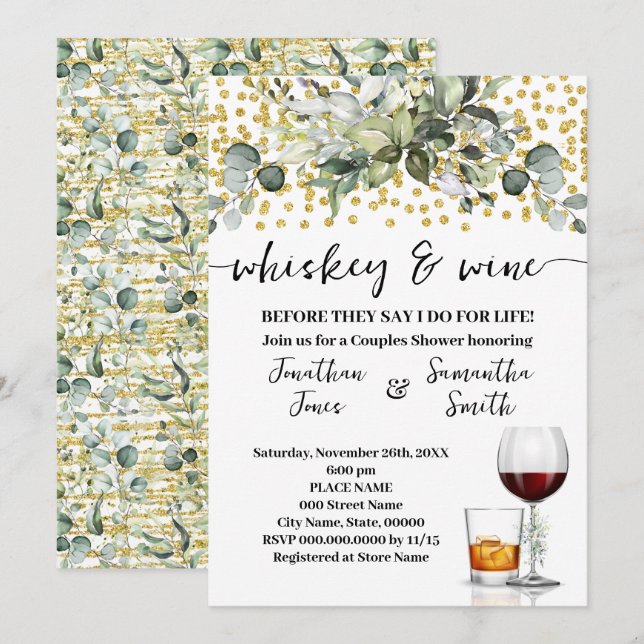 Eucalyptus Gold Whiskey and Wine Couples Shower Invitation (Front/Back)