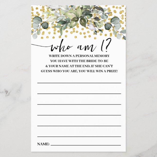 Eucalyptus Gold Who am I? Bridal Shower Game Card Flyer (Front)