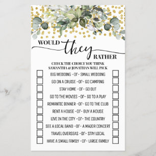 Eucalyptus Gold Would They Rather Shower Game Card Flyer