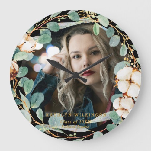 Eucalyptus Gold Wreath Custom Photo Graduation Large Clock