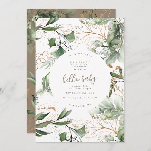Eucalyptus Golden Boho Modern Blooming Baby Shower Invitation