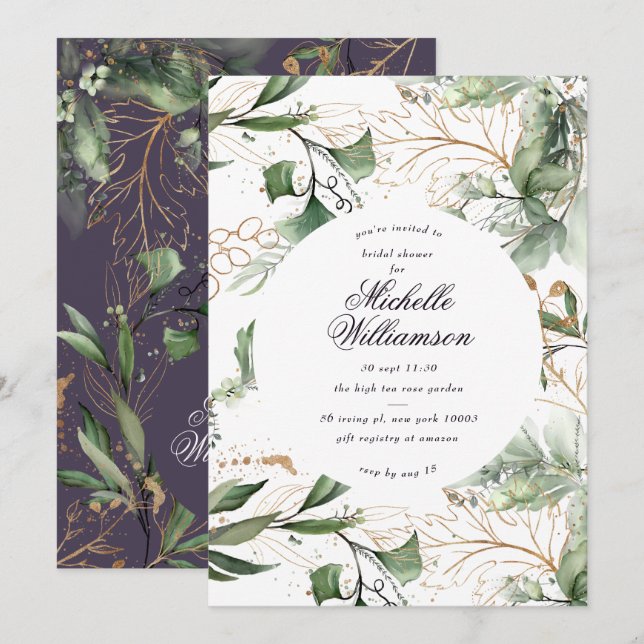 Eucalyptus Golden Boho Modern Pampas Bridal Shower Invitation (Front/Back)