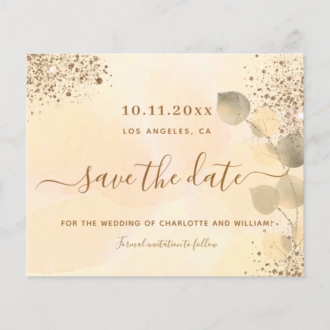 Eucalyptus golden budget wedding save the date flyer (Front)