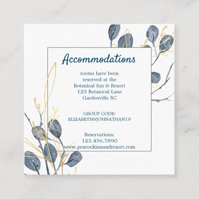 Eucalyptus Golden Garden Wedding Accommodation Enclosure Card (Front)