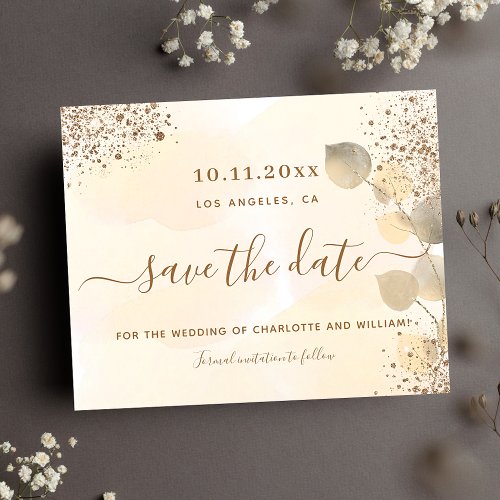 Eucalyptus golden glitter wedding save the date announcement postcard
