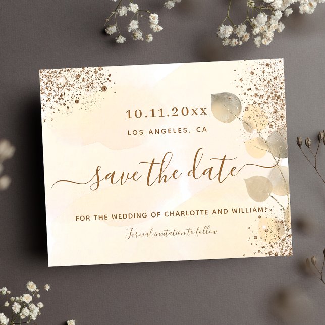 Eucalyptus golden glitter wedding save the date announcement postcard (Creator Uploaded)