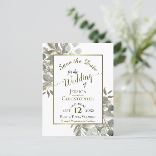 Eucalyptus  Golden Pine Wedding Save the Date Announcement Postcard