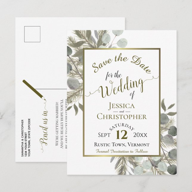 Eucalyptus & Golden Pine Wedding Save the Date Announcement Postcard (Front/Back)