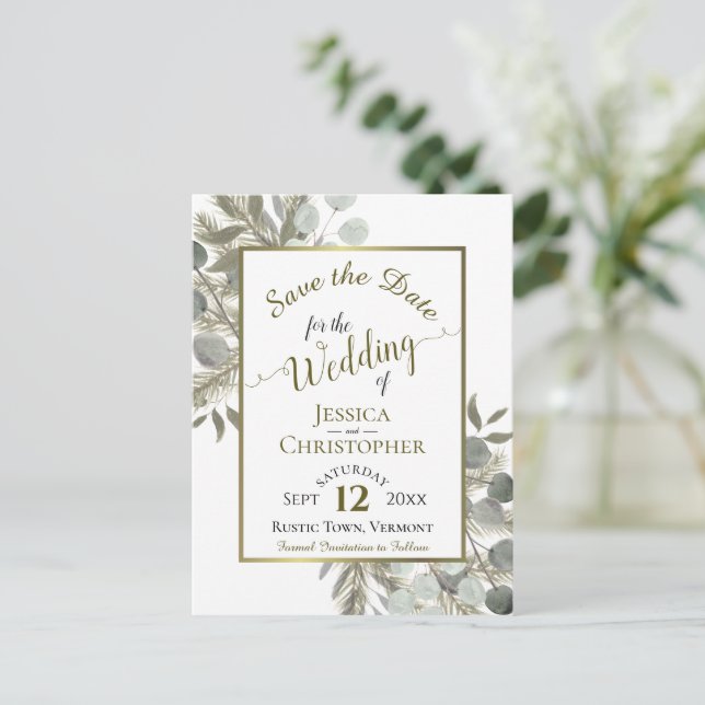 Eucalyptus & Golden Pine Wedding Save the Date Announcement Postcard (Standing Front)