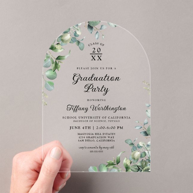 Eucalyptus Graduation Party Acrylic Invitations (Insitu (Handheld))