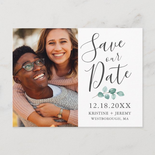 Eucalyptus Gray Script Photo Save Our Date Announcement Postcard (Front)