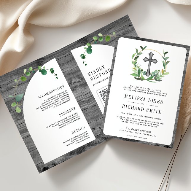 Eucalyptus Gray Wood Cross Catholic Wedding Invitation (Creator Uploaded)