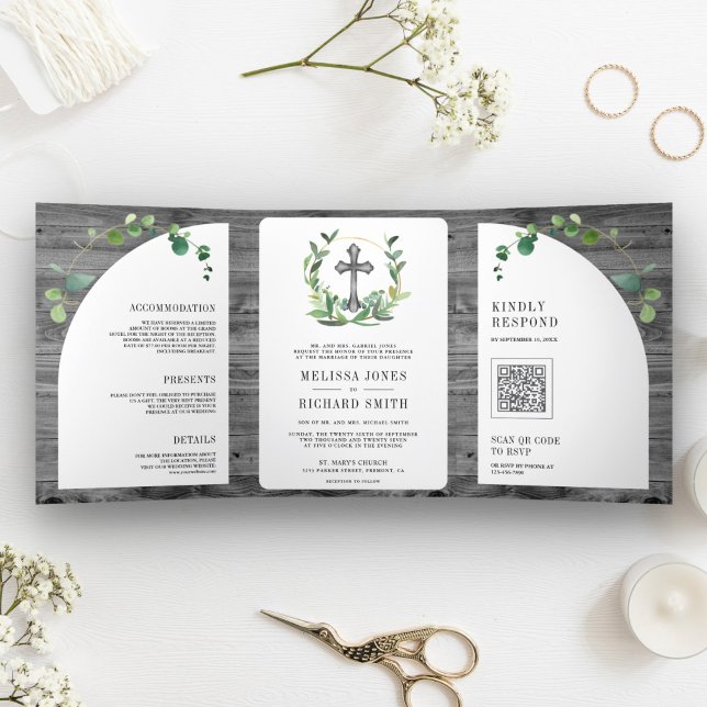 Eucalyptus Gray Wood Cross Catholic Wedding Tri-Fold Invitation (Creator Uploaded)