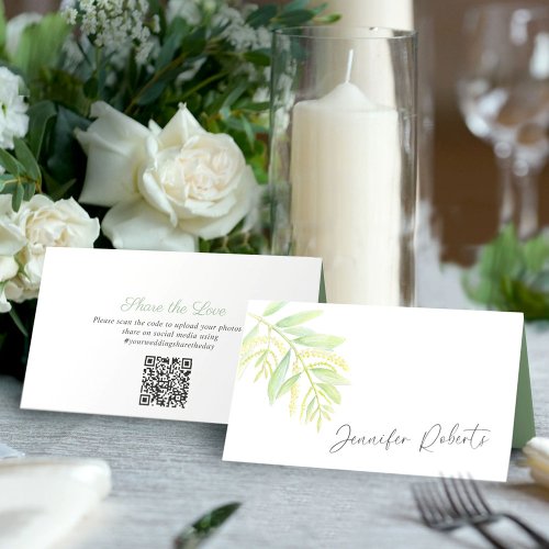 Eucalyptus green art wedding social media QR code Place Card