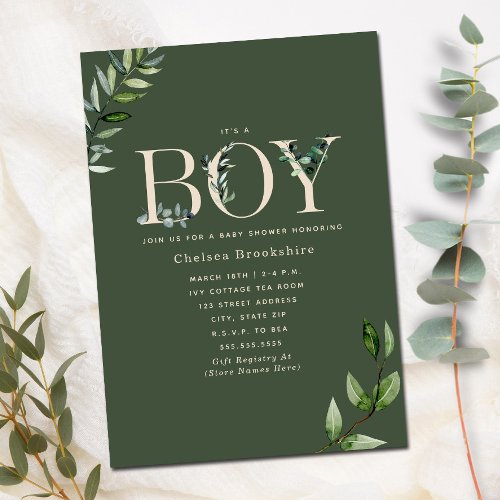 Eucalyptus Green Beige Boy Baby Shower Invitation