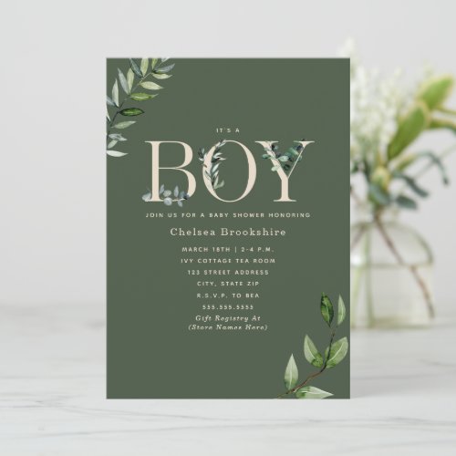 Eucalyptus Green Beige Boy Baby Shower Invitation