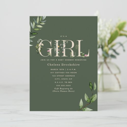 Eucalyptus Green Beige Girl Baby Shower Invitation
