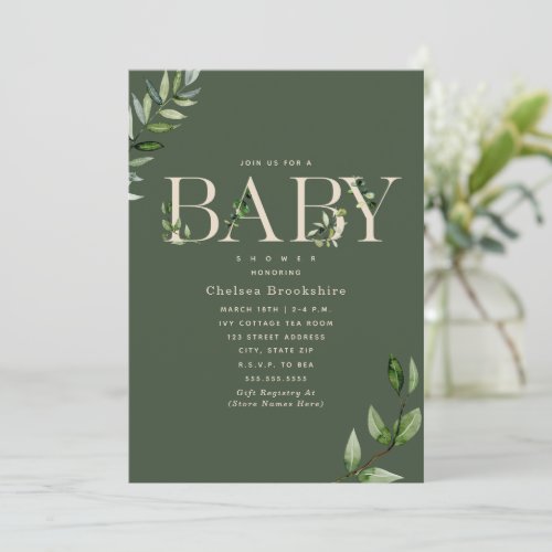 Eucalyptus Green Beige Neutral Baby Shower Invitation