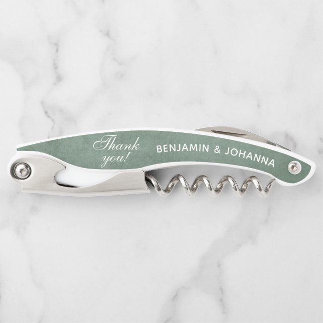 Eucalyptus Green Custom Wedding Thank You Favors Waiter's Corkscrew (Front)