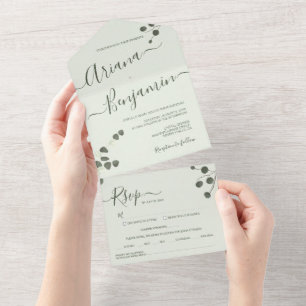 Eucalyptus green Elegant Name Script Modern All In One Invitation