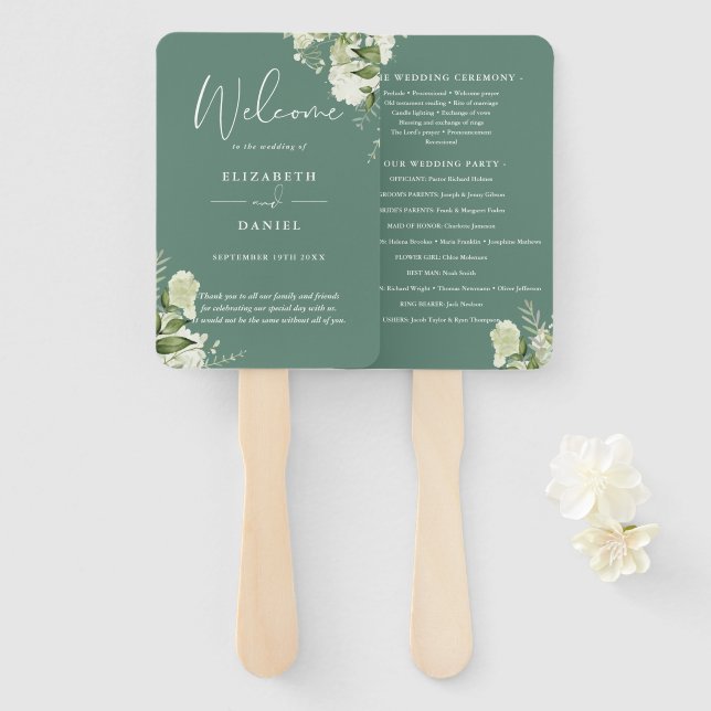 Eucalyptus Green Floral Greenery Wedding Program Hand Fan (Front and Back)