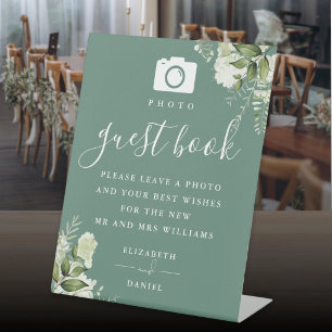 Eucalyptus Green Floral Photo Guest Book Wedding Pedestal Sign