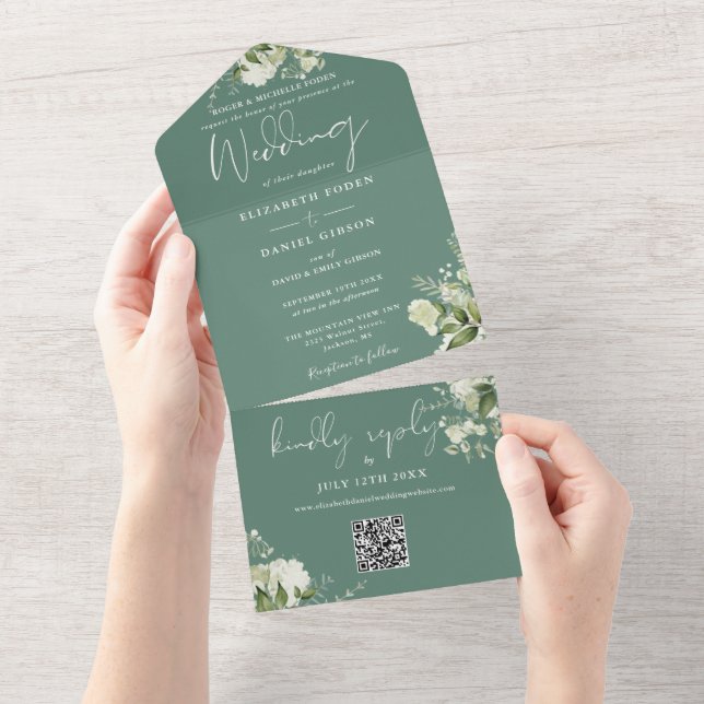 Eucalyptus Green Floral QR Code Formal Wedding All In One Invitation (Tearaway)