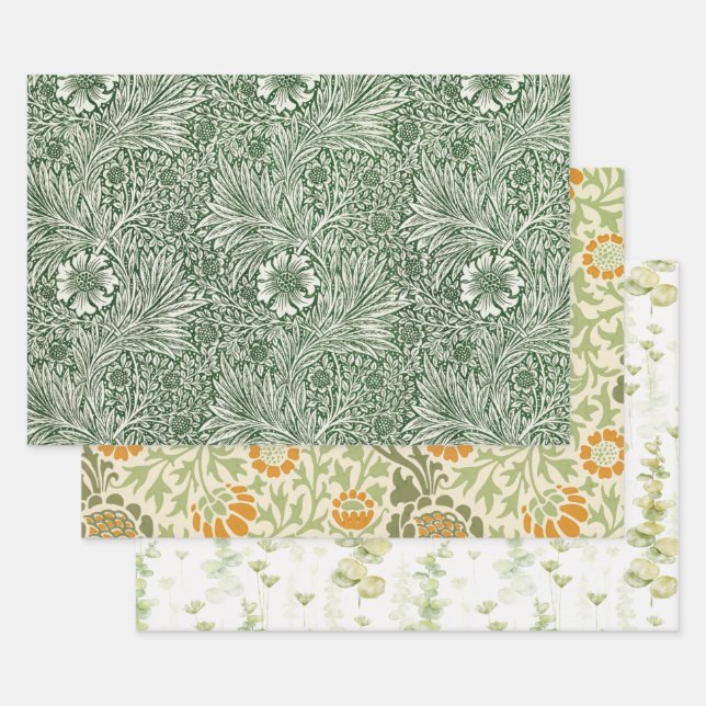 Eucalyptus Green Flowers Orange  Wrapping Paper Sheets (Set)