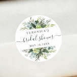 Eucalyptus Green Foliage Bridal Shower Classic Round Sticker<br><div class="desc">This wedding bridal shower sticker features painted watercolor eucalyptus,  botanical green,  and light blue leaves with modern calligraphy. For more advanced customization of this design,  please click the BLUE DESIGN TOOL BUTTON. Matching items are also available.</div>