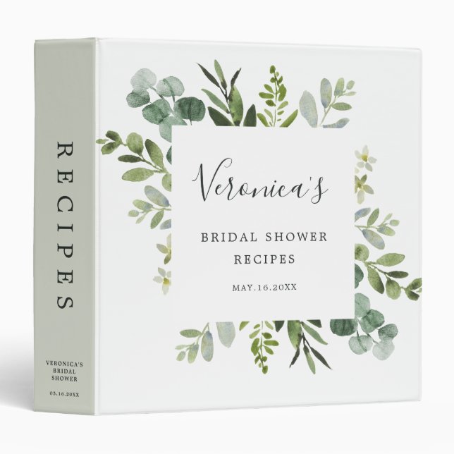 Eucalyptus Green Foliage Bridal Shower Recipe Book 3 Ring Binder (Front/Spine)