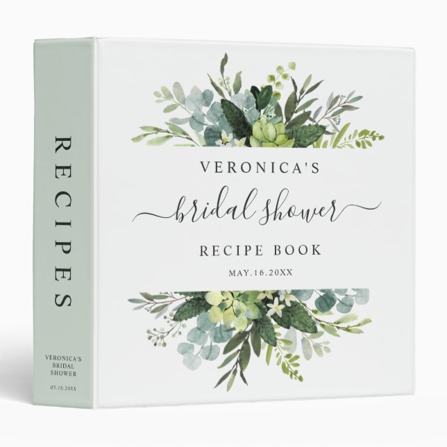 Eucalyptus Green Foliage Bridal Shower Recipes 3 Ring Binder (Front/Spine)