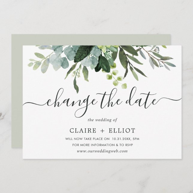 Eucalyptus Green Foliage Change the Date Wedding Invitation (Front/Back)