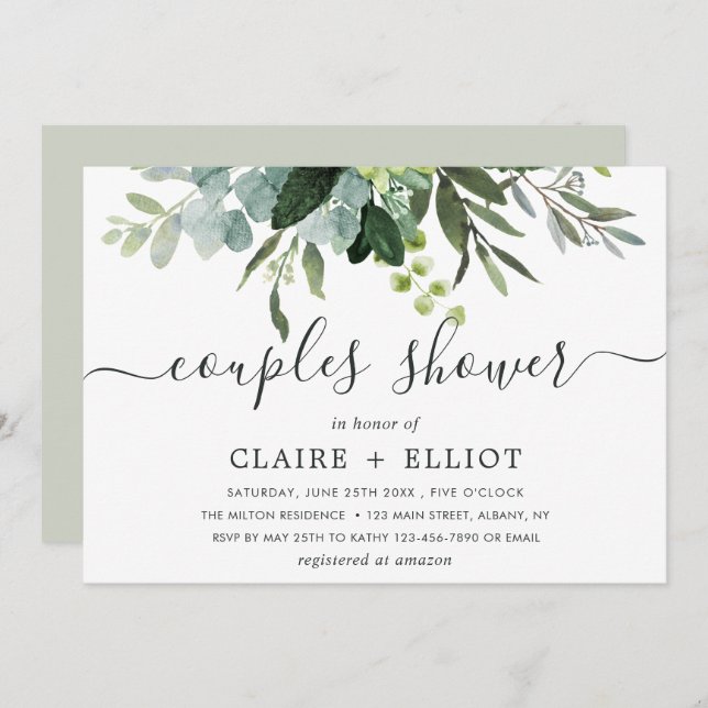 Eucalyptus Green Foliage Couples Shower Invitation (Front/Back)