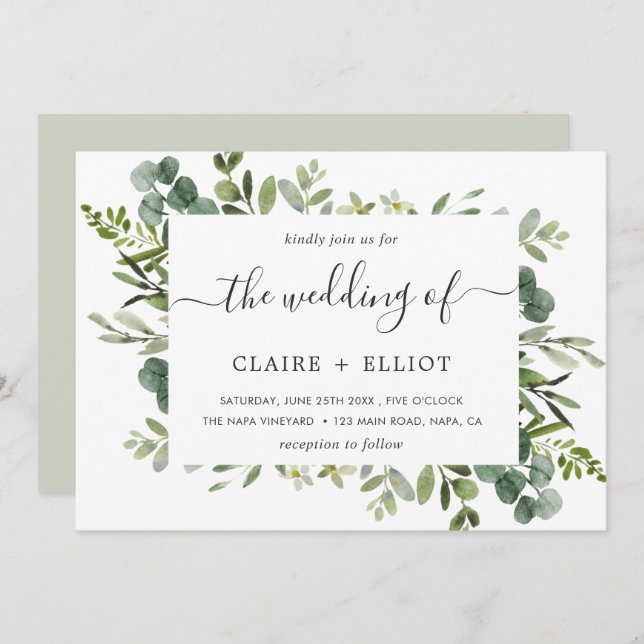 Eucalyptus Green Foliage Rectangle Frame Wedding Invitation (Front/Back)