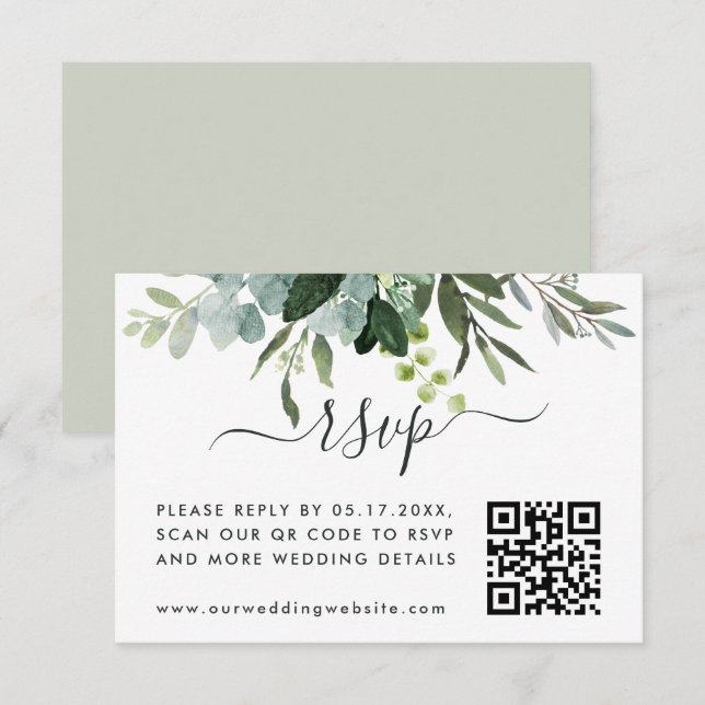 Eucalyptus Green Foliage RSVP with QR Code  Enclosure Card (Front/Back)