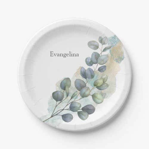Eucalyptus Green Foliage Watercolor Paper Plates