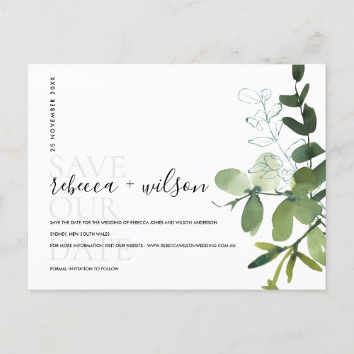 EUCALYPTUS GREEN  FOLIAGE WATERCOLOR SAVE THE DATE ANNOUNCEMENT POSTCARD